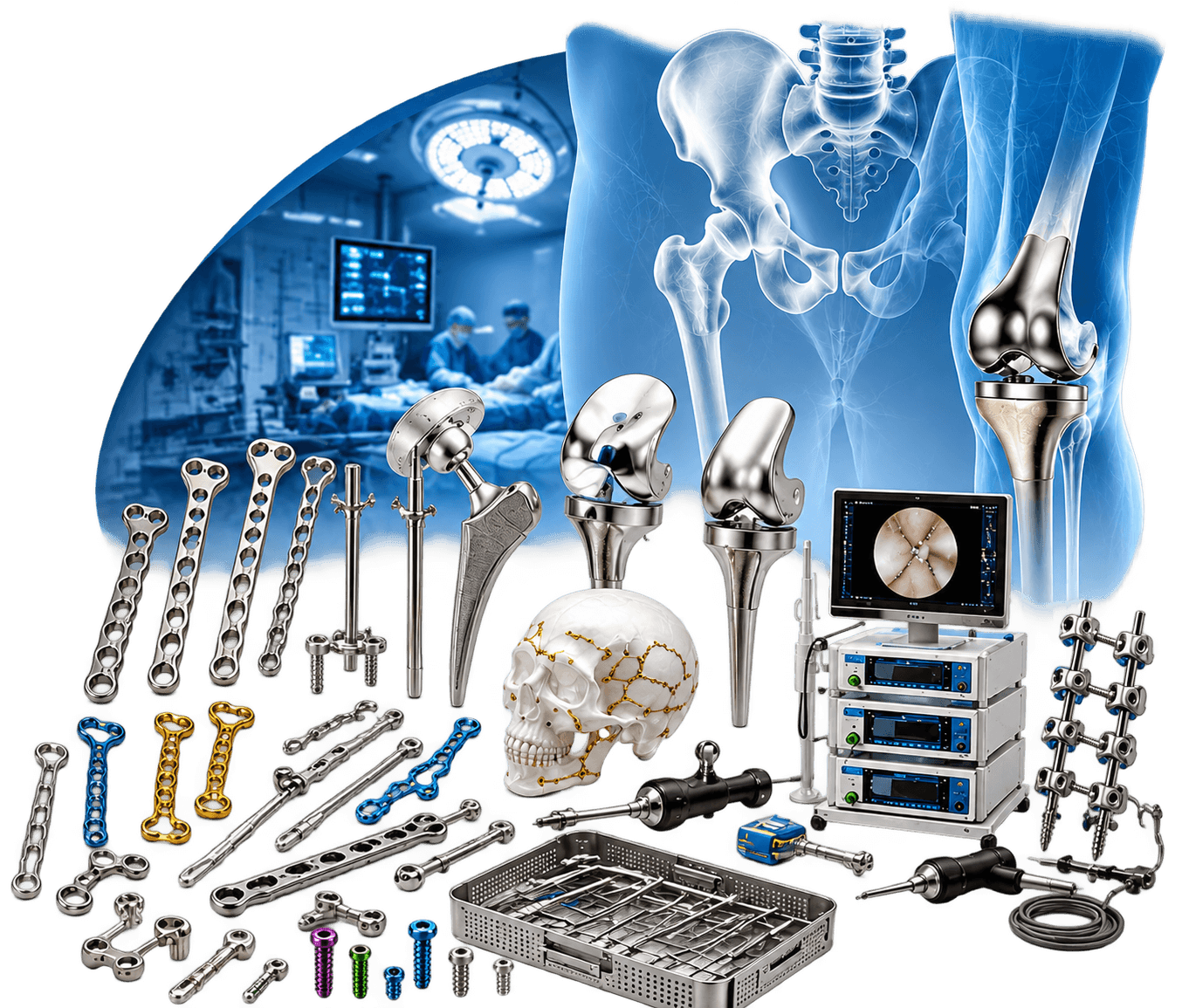 Orthopedic implants, surgical instruments and an arthroscopy tower in front of an operating room
